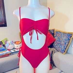 Women's Cut Out Drawstring One Piece Swimsuit Cheeky High Cut Bathing Suit Red